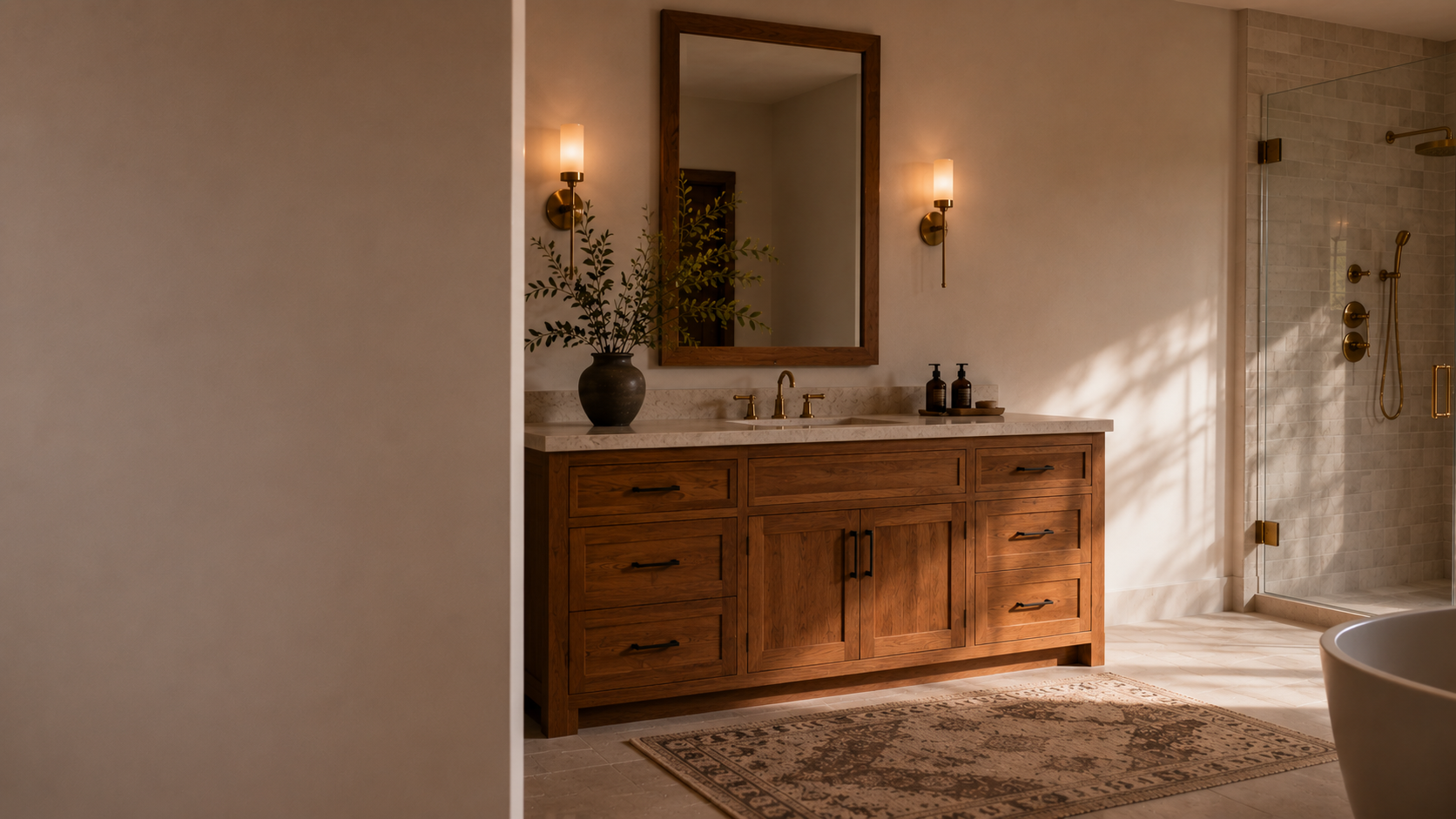 Baño remodelado con mueble de madera