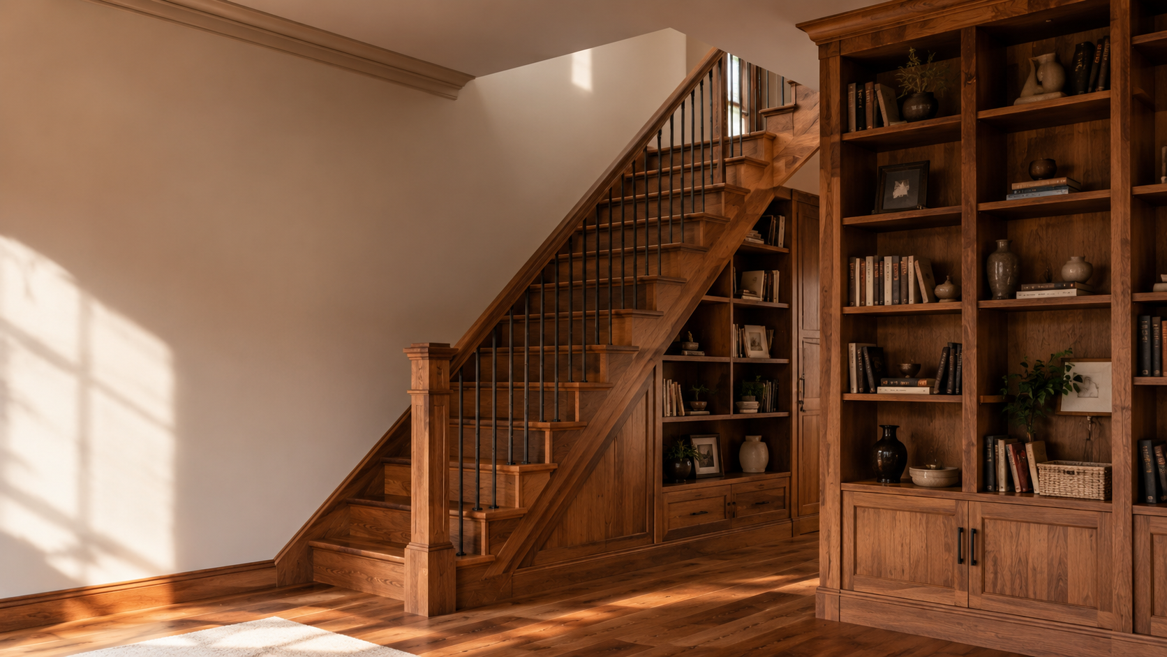Escalera de madera a medida con built-ins y molduras